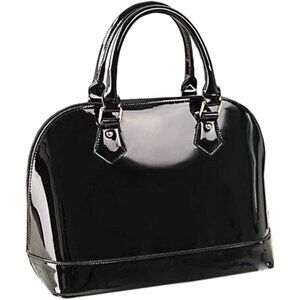 Patent Leather Dome Satchel Purse Black Large Zipper Shoulder Handbag with Multi